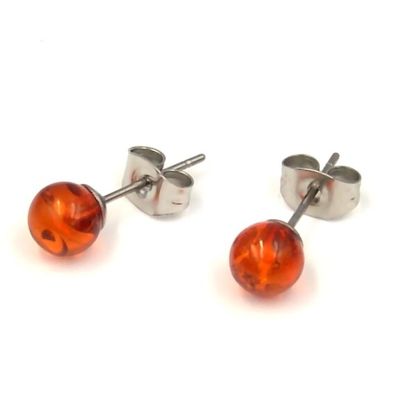 Genuine Amber Stud Earrings Hypoallergenic Surgical Steel 6 mm - Picture 3 of 4